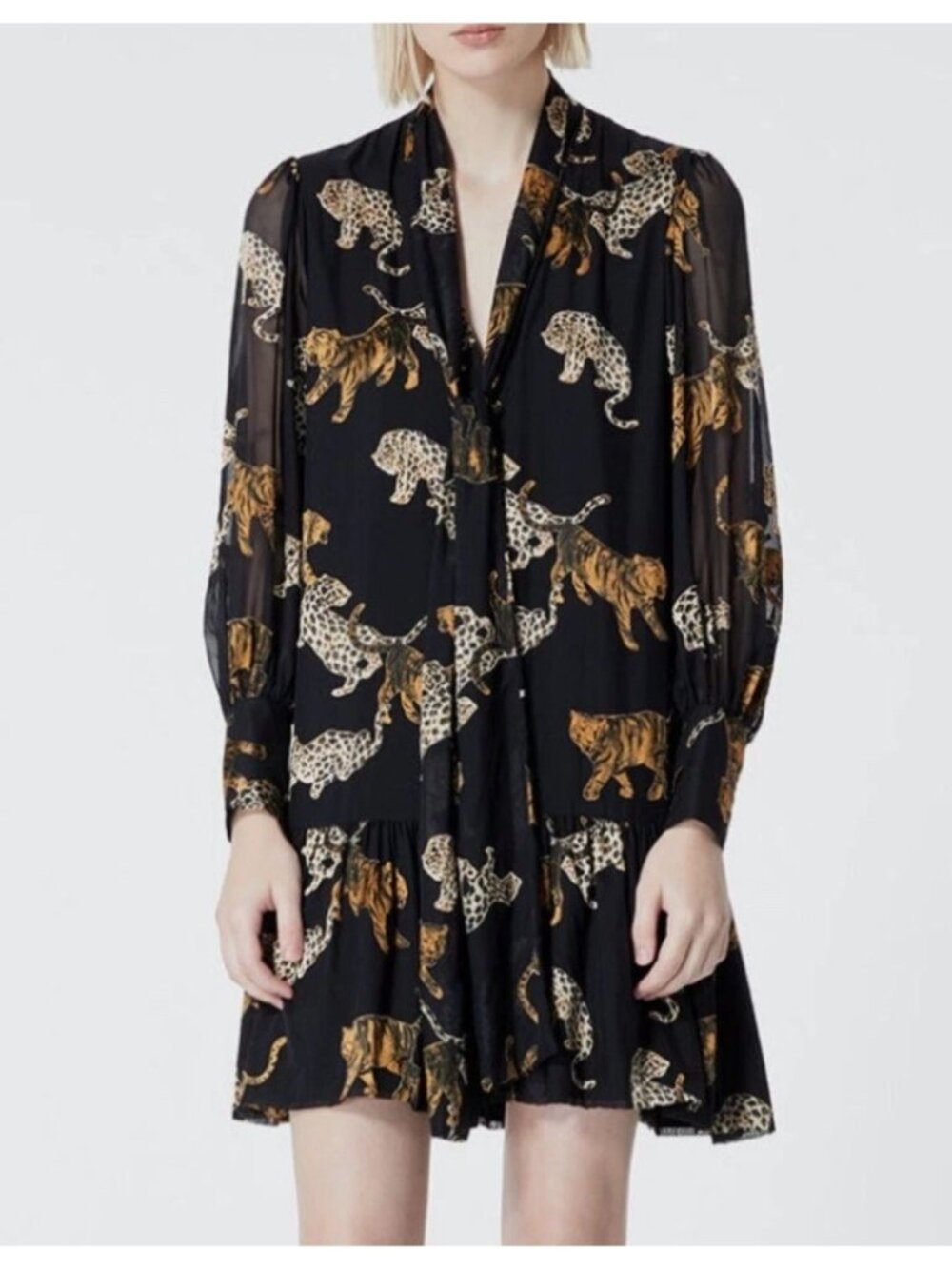 THE KOOPLES Short Black Dress with Leopard Print- French Size 2 (M)